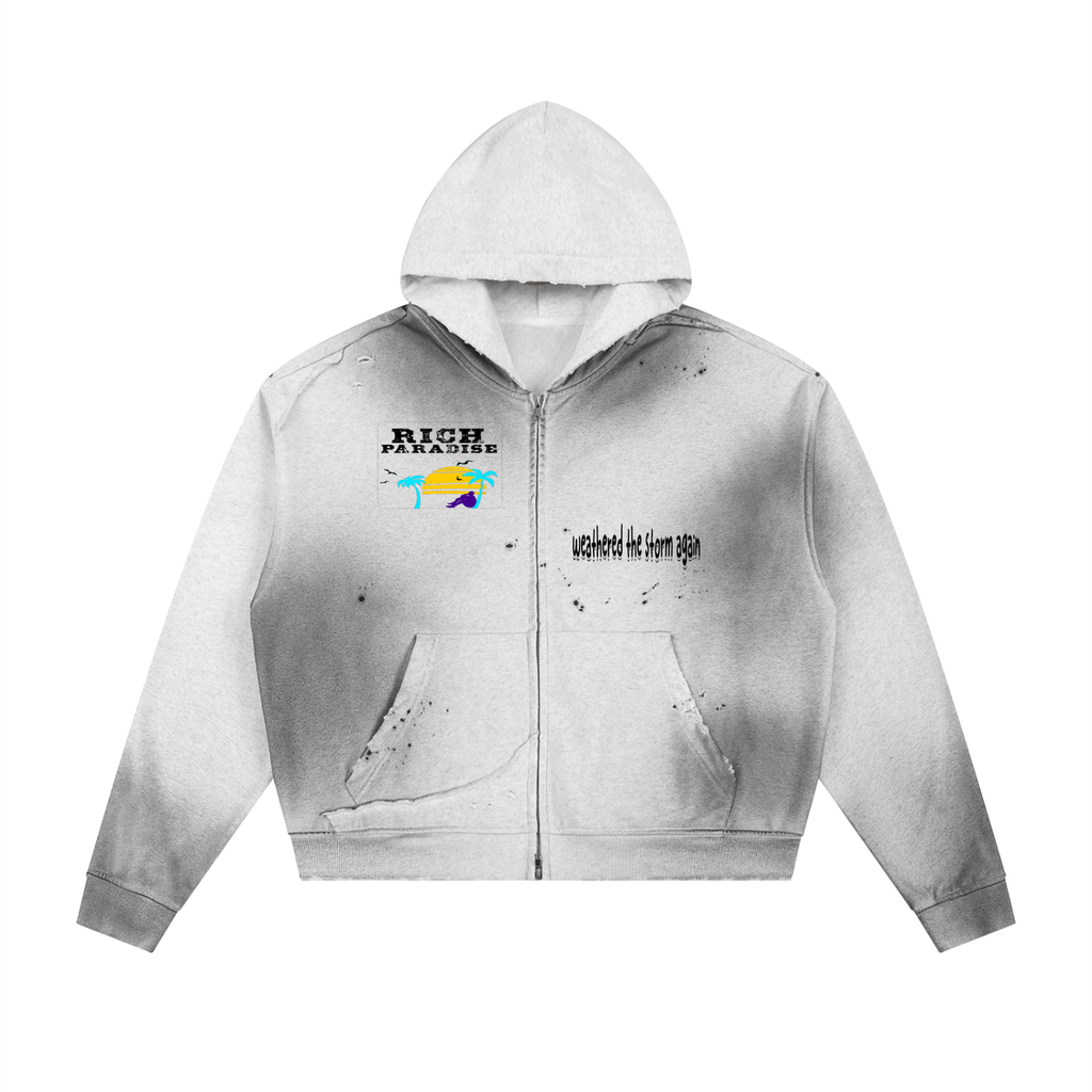 Rich Paradise Sun Fade Frayed Raw Edge Fleece Zip Hoodie