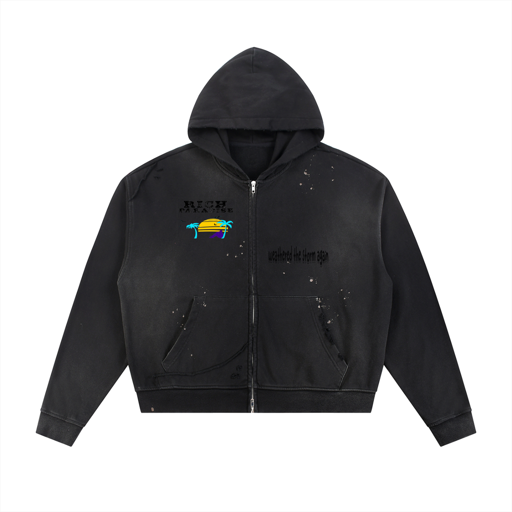 Rich Paradise Sun Fade Frayed Raw Edge Fleece Zip Hoodie