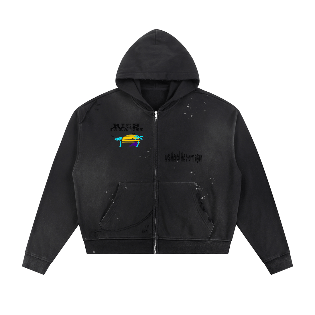 Rich Paradise Sun Fade Frayed Raw Edge Fleece Zip Hoodie