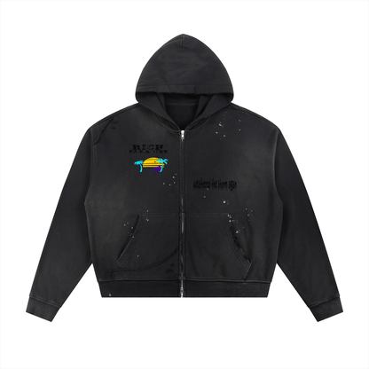 Rich Paradise Sun Fade Frayed Raw Edge Fleece Zip Hoodie