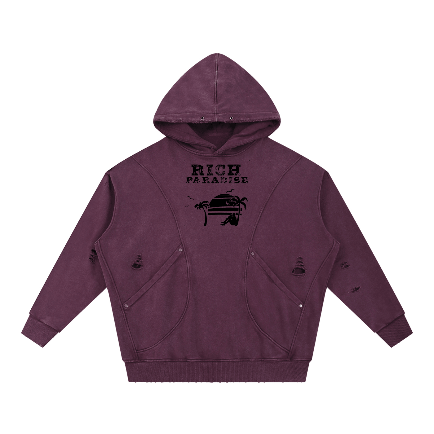 Snow Washed Distressed Panel Pocket Hoodie