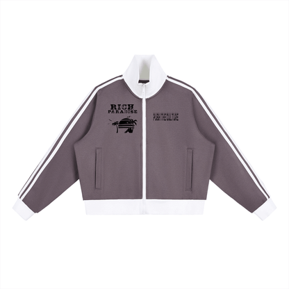 Contrast Side Stripe Fleece Cropped Track Jacket