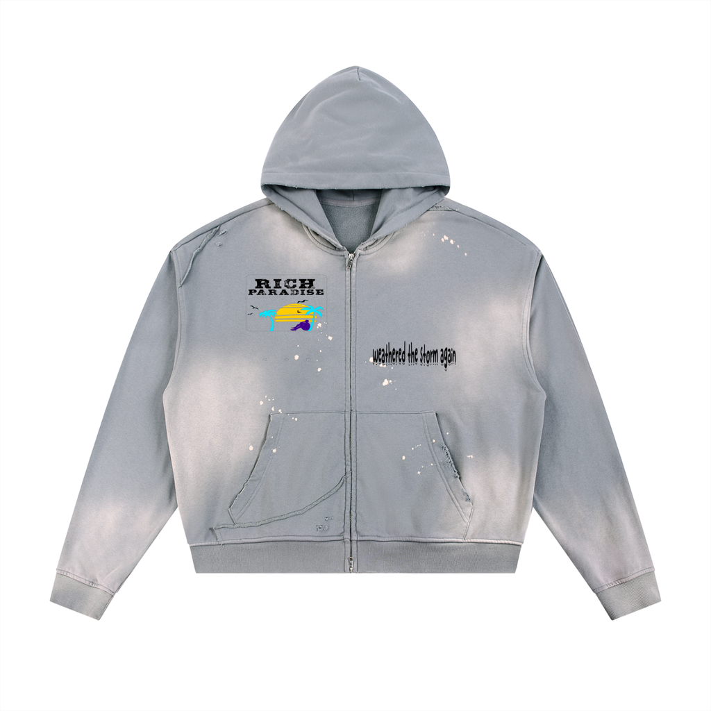 Rich Paradise Sun Fade Frayed Raw Edge Fleece Zip Hoodie