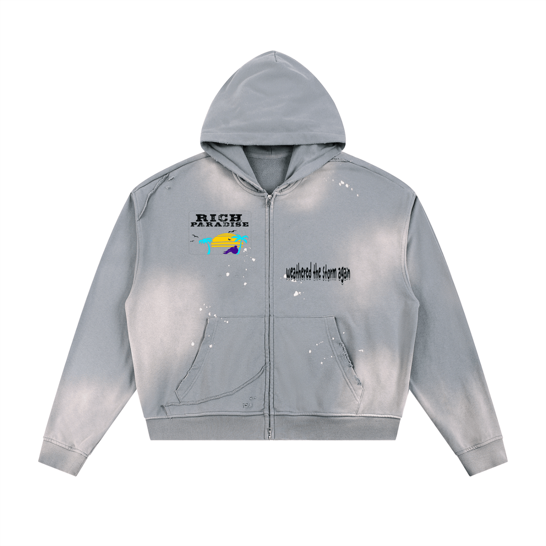 Rich Paradise Sun Fade Frayed Raw Edge Fleece Zip Hoodie