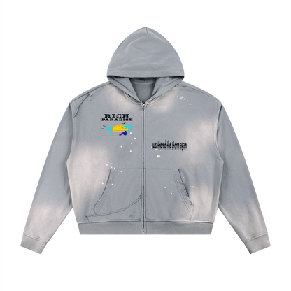 Rich Paradise Sun Fade Frayed Raw Edge Fleece Zip Hoodie