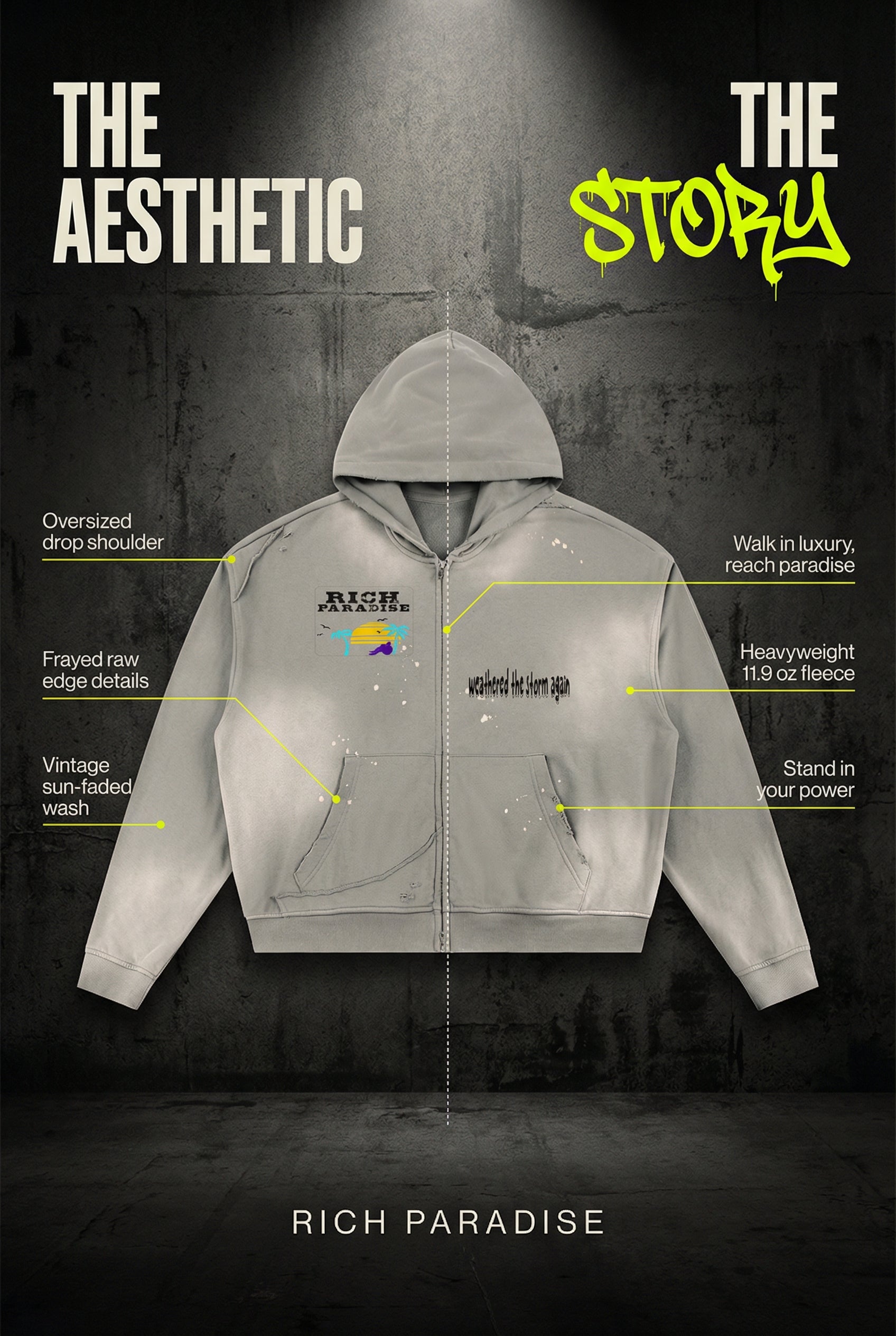 Rich Paradise Sun Fade Frayed Raw Edge Fleece Zip Hoodie