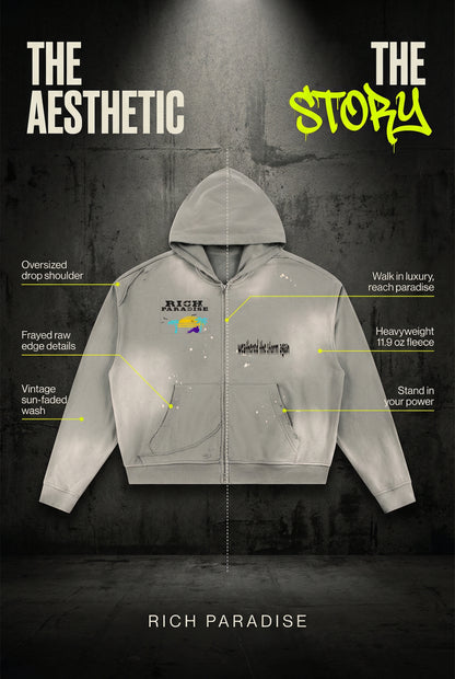Rich Paradise Sun Fade Frayed Raw Edge Fleece Zip Hoodie